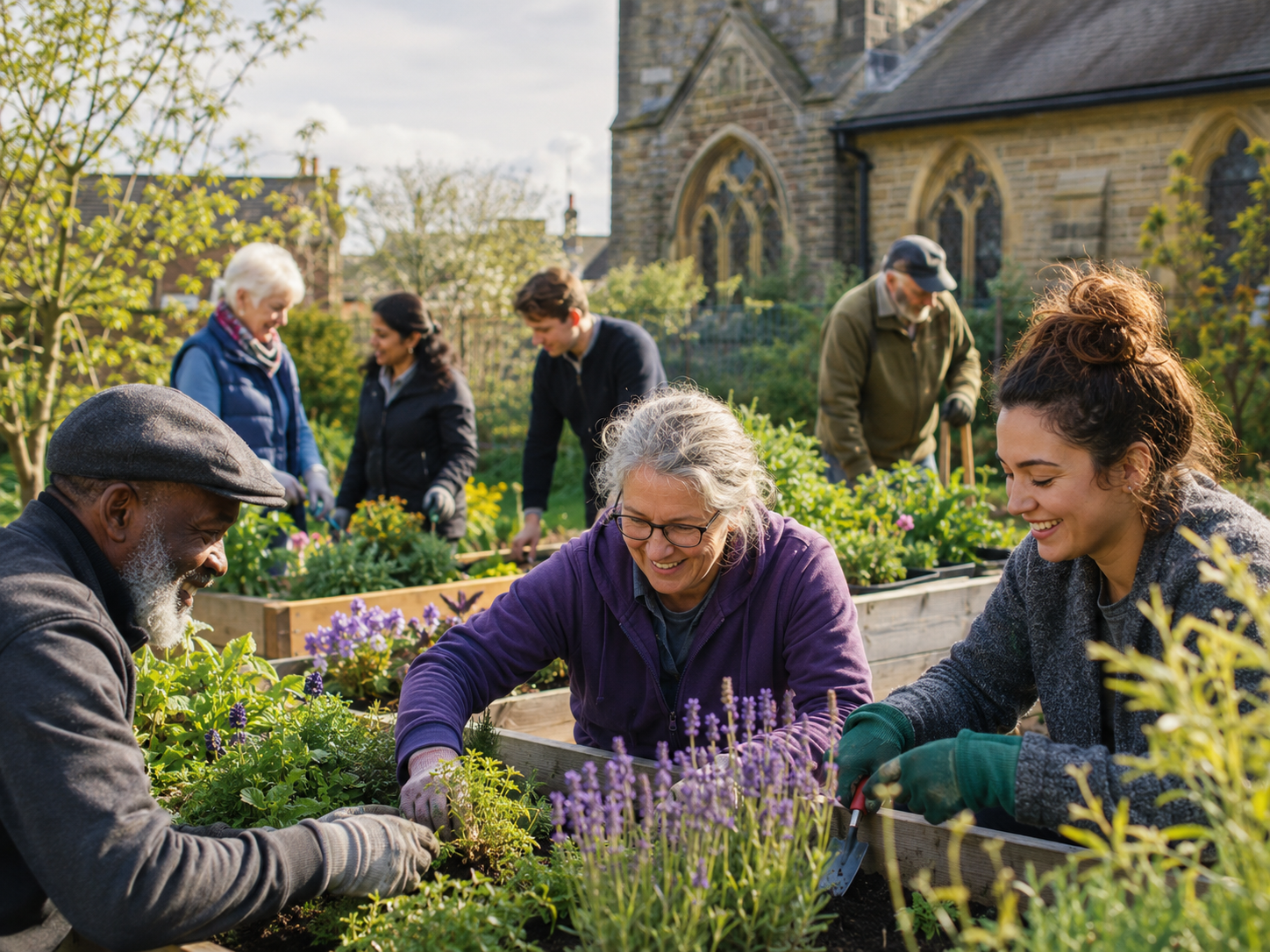 A community gardening club meeting in the grounds of a church