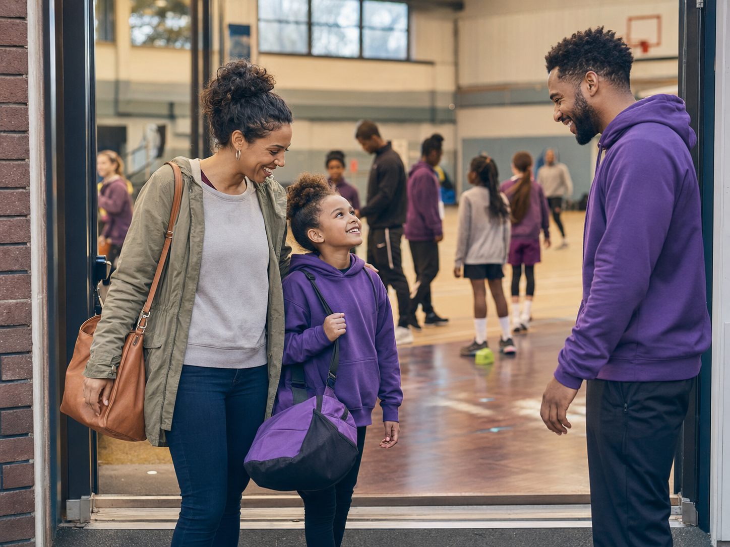 A parent dropping a child off at an after-school sports club